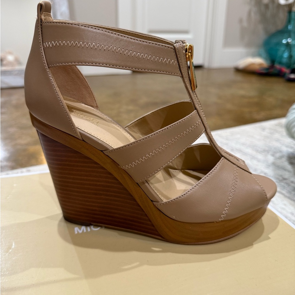 Michael Kors Beige and Brown Wedge Sandals